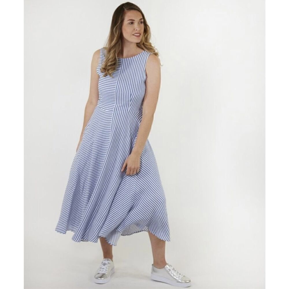 Marella Women’s Blue and White Striped Sleeveless Modest Neckline Midi Maxi Dres